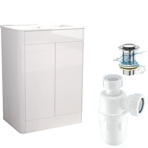 Image of BELOFAY Vanity Unit with Basin | 600mm Floor Standing Bathroom Vanity Unit with Basin | High Gloss White | Push to Open Doors with 1 Tap Hole, Trap & Waste, Tap not included (Edison White)