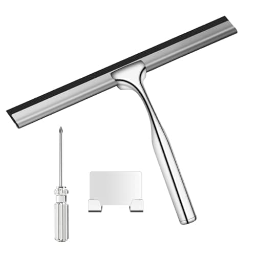 Image of Shower Squeegee, 10 Inch Stainless Steel Window Squeegee Shower Screen Wiper Squeegee Windshield Cleaner Tool with Hook for Car Window Shower Bathroom Mirror Cleaning