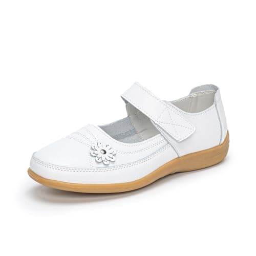 Image of Rusffes Womens Leather Mary Jane Shoes Ladies Wide Fit Flat Shoes Casual Work Office Nurse Shoes White 7uk