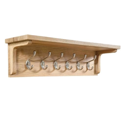 Image of Hallowood Furniture Waverly Oak Coat Rack, Solid Wooden Wall Mounted Coat Hanger with 6 Metal Hooks for Jackets, Clothes & Hat, Light Oak Shelf with Hooks for Hallway, Entryway, and Living Room