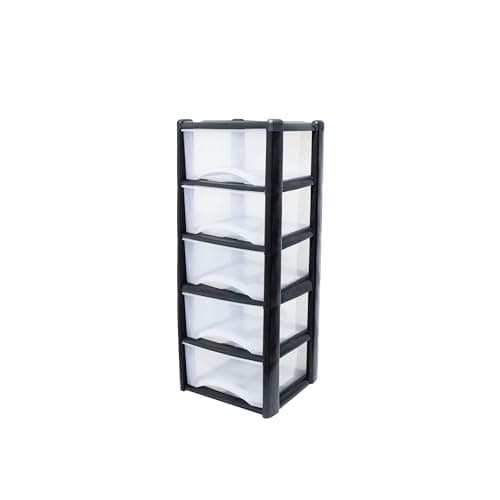 Image of Neat. 5 Plastic Storage Drawers Unit with See-Through Drawers, Compact Vertical Design – Durable Plastic, Ideal for Organizing Office Crafts, and Household Items, 100cm x L39cm x W39cm - Black/Clear