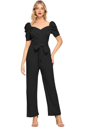 Image of Women's Puff Sleeve Wrap Jumpsuit with Belted Waist, Pink (Black, Large)