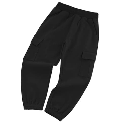 Image of BINIDUCKLING Boys Girls Cargo Trousers Cotton Kids Elastic Waist Joggers Pants Casual Jogging Pants Plain Tracksuit Bottoms School Trousers for PE Sports (Black,120/5-6Years)