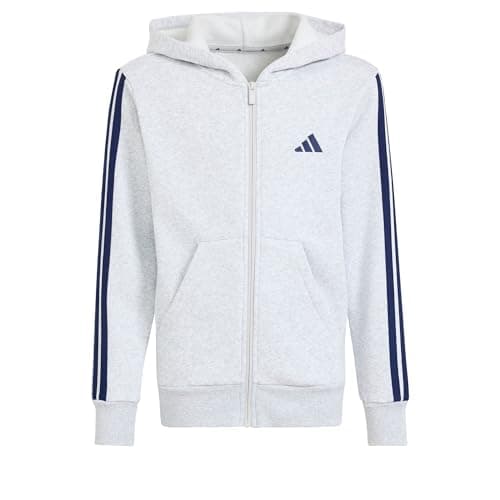 Image of adidas Unisex Kids Essentials Full Zip Hoodie Sweatshirt, light grey heather/dark blue, 15-16 Years
