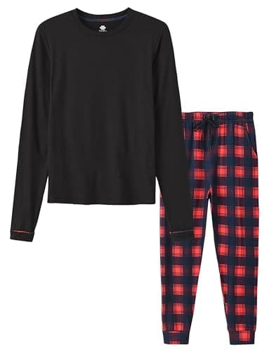 Image of MoFiz Boys Long Pyjamas Sets Nightwear Soft Cozy Long Sleeve Pyjama Top & Plaid Bottoms Pajamas Sleepwear Loungewer Pjs Set 14-16 Years Black Size L