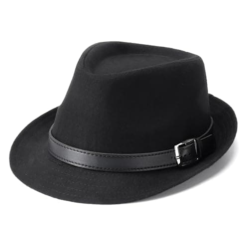 Image of Geebuzz Fedora Hats for Men Women Classic Short Brim Felt Manhatta Fedora Hat with Feathers Band (UK, Alpha, One Size, Leather Belt-Black)