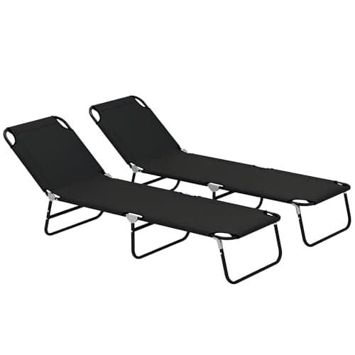 Image of Outsunny Foldable Sun Lounger Set of 2 with 5-Position Adjustable Backrest, Outdoor Portable Recliner Chaise Lounge Chair with Breathable Mesh Fabric, Black