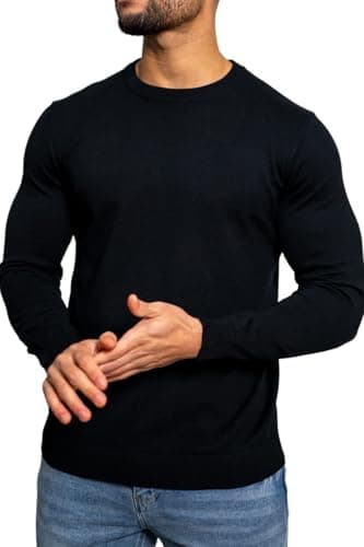 Image of MATINEE Mens Fine Knitted Luxury Supersoft Cashmere-Like Crew Neck/V Neck/Zip Neck Sweaters, Fine 12 Gauge Knit Structure (UK, Alpha, XXL, Regular, Regular, Black, Crew Neck)