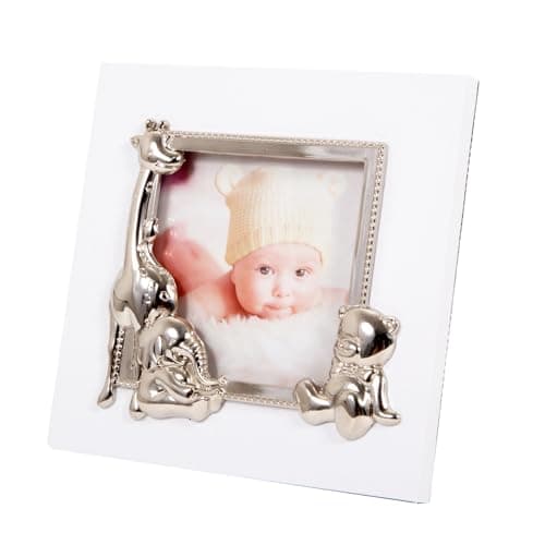 Image of Happy Homewares Small White Baby Square Photo Frame with Shiny Silver Plated Giraffe Elephant and Teddy Bear | 3x3 Photograph Space | Freestanding Only