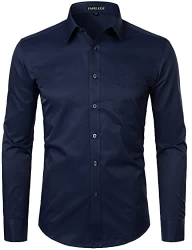 Image of PARKLEES Men's Long Sleeve Dress Shirt Solid Slim Fit Casual Business Formal Button Up Shirts with Pocket Navy M