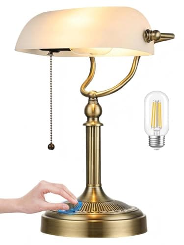 Image of Newrays White Frosted Glass Banker Desk Lamp, Continuous Dimmable Table Lamp Plug for Studies, Home Office, Library, LED Bulb Included