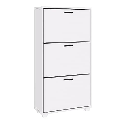 Image of Panana 2/3 Drawer Shoe Cabinet，Wooden Shoe Storage Cupboard Freestanding Footwear Organizer with 2/3 Flip Doors Pull Down Shoe Rack (White, 3 Drawers)
