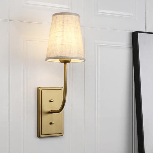 Image of JIMUBEAM Antique Brass 1-Light Wall Light Sconce, Linen Fabric Shade Wall Lamp Hardwired Wall Light Indoor for Bedroom Living Room Vanity Bathroom