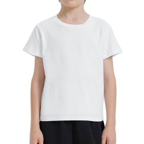 Image of Ewbob Kids Cotton Plain T-Shirt Lightweight T Shirt Short Sleeve Boys Girls Breathable Tee Tops for Children Classic Casual Unisex Shirts for Age 3-14 Years(C14-White-11-12Y)