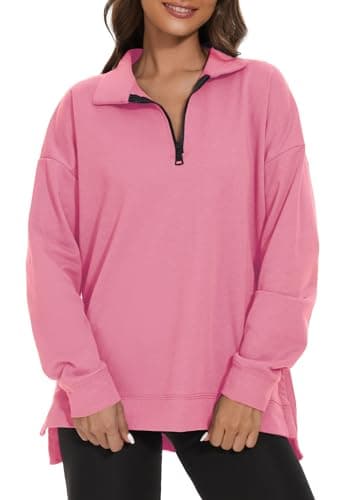 Image of APEIYU Womens Oversized Sweatshirts Side Slit Pullover Long Sleeve Tops Casual Lapel Zipper Sweatshirts Light Pink XXL