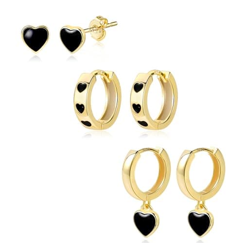 Image of ALEXCRAFT Gold Earrings for Women Hoops Black Heart Gold Earrings Hoops Stud Earrings for Women Birthday Gifts Multiple Piercings Studs Huggies Helix Stackable Sleeper