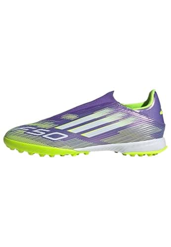 Image of adidas Unisex F50 League Laceless Turf Football Boots, Purple Rush/Cloud White/Lucid Lemon, 10 UK