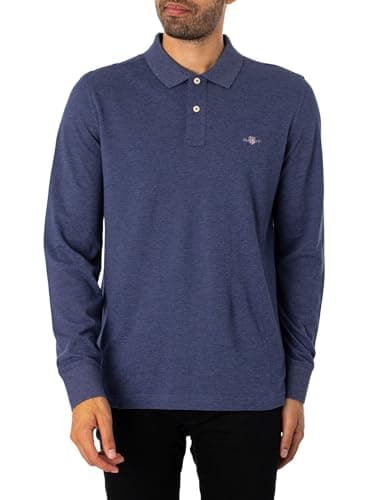 Image of GANT Men's Reg Shield LS Pique Rugger Polo Shirt, Dark Denim Blue Melange, L