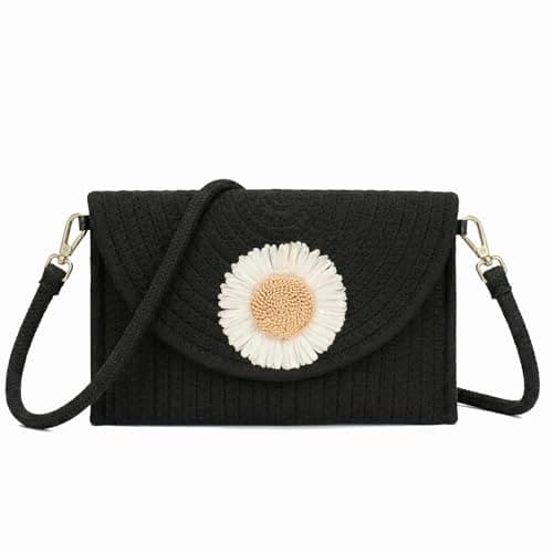 Image of Woodland Leathers Crossbody Woven Straw Crossbody Bag for Women with Daisy Detail, Summer Beach Clutch Shoulder Bag, Lightweight Envelope Purse with Detachable Strap Womens Bag (Black Daisy)