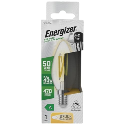 Image of Energizer A Rated LED Elite Candle E14 Filament 470lm 2.2W 2700K - Warm White Light Bulb