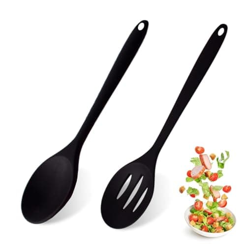 Image of Silicone Cooking Spoons, 2 Pcs Black Kitchen Spoon and Slotted Spoon, Nonstick Mixing & Slotted Spoons, Heat Resistant Large Silicone Spoons for Cooking, Stirring, Scooping and Mixing