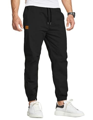 Image of JustSun Mens Casual Chinos Trousers Joggers Elasticated Waist Trousers for Men Cotton Pants Gym Sports Tracksuit Bottoms Drawstring Sweatpants with Pockets Black S