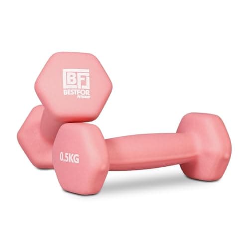 Image of Bestfor Pair of 0.5kg Hex Anti Roll Non Slip Neoprene Dumbbell Weights For Exercise, Fitness, Workouts, Lifting with Exercise Chart