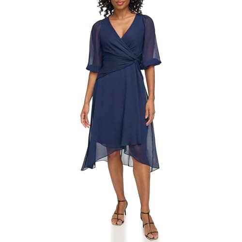 Image of DKNY Women's Chiffon 3/4 Sleeve Faux Wrap Dress, Midnight NVY, 16