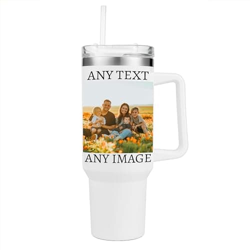 Image of EKAM Personalised Tumbler with Handle and Straw, Customized 40oz/1135ml Insulated Stainless Steel Travel Coffee Cup with Any Image/Photo, Any Text or Logo, Personalized Photo Gift for Women Men,