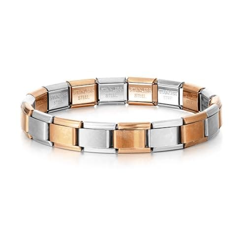Image of Mon & Sons Starter Bracelet Rose Gold Silver Alternating Personalized Bangle 9mm Link Stainless Steel Italian Charm Compatible With 9mm Link