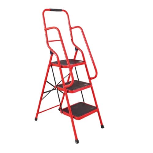Image of 3 Step Folding Safety Ladder with Handrail Silver/Red | Anti-Slip Treads & Feet H146 x W9 x D51cm (Red)