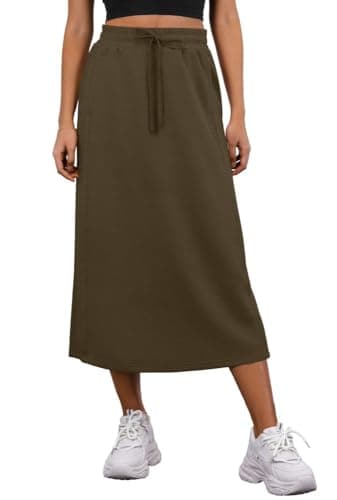 Image of PrinStory Women's Midi Skirts Summer Elasticated Waist Ladies Skirts with Pockets and Back Split (Army Green, M)