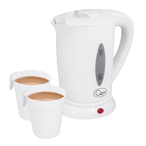 Image of Quest White Compact Travel Kettle, 0.5 Litres, 600 Watt & Dual Voltage for Worldwide Use, Includes 2 Lightweight Cups, Auto Cut-Off Switch, Fits in Bags & Suitcases (35440)