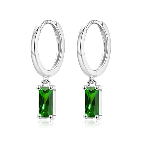 Image of Sterling Silver Hoop Earrings for Women, Small Silver Huggie Hoop Earrings with Baguette Dangle | Hypoallergenic Emerald Green Cubic Zirconia Dangling Cartilage Helix Earring Jewellery Girls Gifts