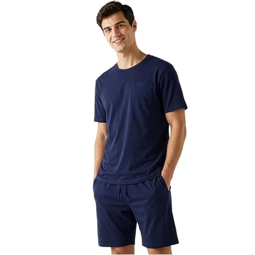 Image of Get Trend Men’s Pyjamas Sets M-5XL, Crew Neck Cotton T-shirts & Shorts Pj Set, Loungewear Tees & Short Bottoms, Soft & Comfy Nightwear (4XL, Navy)
