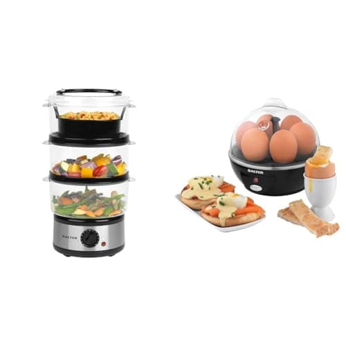Image of Salter 3-Tier Food Steamer - 7.5L Stainless Steel Multi-Cooker for Meat, Dumpling & Vegetable & EK2783 Electric Egg Boiler - Cooking Rack Holds Up To 6 Eggs, For Soft, Medium Or Hard Boiled