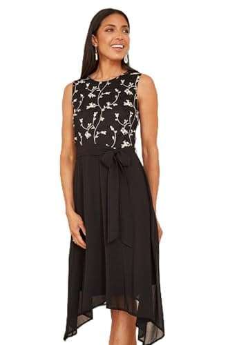 Image of Mela London Mela Black Embroidery Midi Skater Dress with Dip Hem Black 10