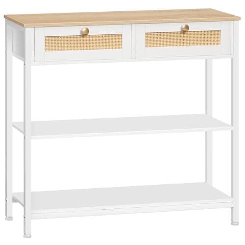 Image of HOOBRO Rattan-Like White Console Table, 3-Tier Hallway Table with 2 Flip-Down Drawers and Storage Shelves, 80 cm, Open and Hidden Storage Space, Woven Decoration, White and Natural EWN02XG01