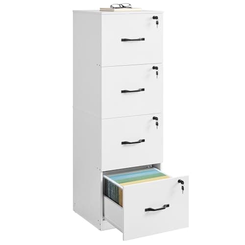 Image of VASAGLE File Cabinet, Filing Cabinet for Home Office, Printer Stand, with 4 Lockable Drawers, Adjustable Hanging Rails, for A4 and Letter-Size Files, Cloud White OFC082W02