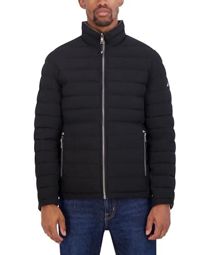 Image of Nautica Men's Stretch Reversible Midweight Puffer Jacket, Wind and Water Resistant, Black Grey, M