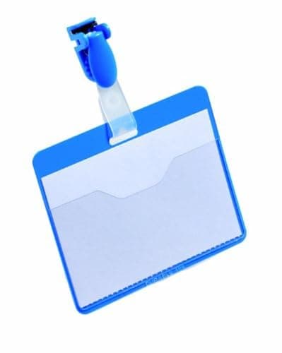 Image of Durable Visitor Name Badge 60 x 90 mm with Clip Blue | Pack of 25 Badges | Includes Blank Insert Cards | Ideal for Events and Visitor Management