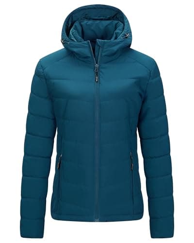 Image of Outdoor Ventures Women's Winter Puffer Jacket Quilted Padded Coat Transitional Insulated Hooded Jackets Windproof Outerwear for Hiking Travel Skiing Dark Cyan XL