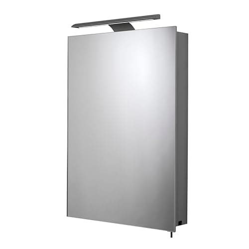 Image of Croydex Madison Bathroom Mirror Cabinet with LED Lighting Bar and Hang N Lock Fitting System, Integrated Shaver Socket and Double Mirrored Door, Aluminium, Silver (70 x 50 x 12cm)