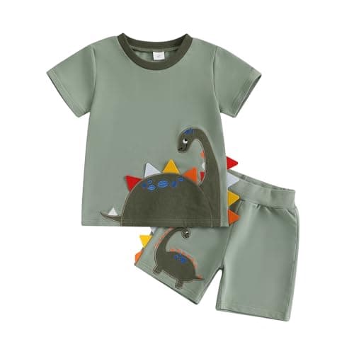 Image of Vioyavo Toddler Kid Boys Summer Outfit Dinosaur Applique Short Sleeve T-Shirt Elastic Waist Shorts Set 2 Pieces Tracksuit Outfit (Army Green, 2-3T)