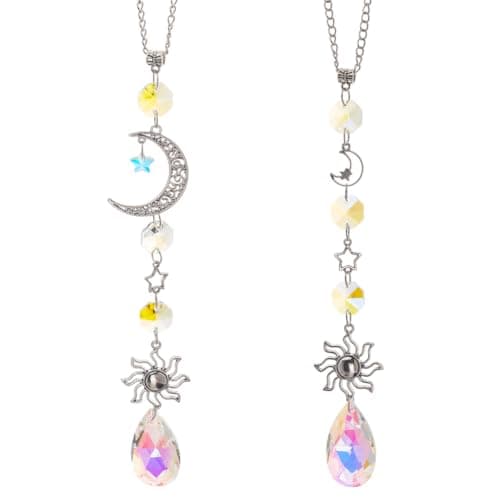 Image of DELORIGIN 2pcs Moon Star Hanging Car Charms Crystal Sun Rear View Mirror Hanging Ornaments Cute Boho Glass Ball Prism Pendant Car Mirror Accessories for Window Balcony Keychain Decorations Gifts