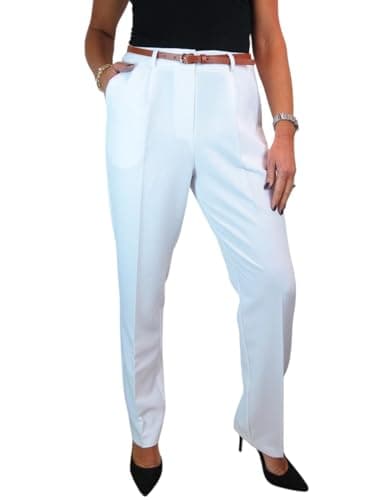 Image of Paulo Due Smart Tailored Fit Pleated Trousers for Women UK Ladies Formal Office Trouser Lightweight Work Pants White 8-22 (16)