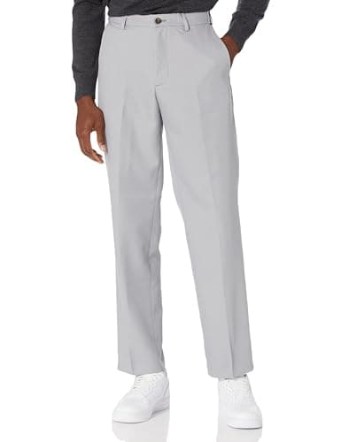 Image of Amazon Essentials Men's Classic Fit Expandable-Waist Flat-Front Dress Trousers, Light Grey, 38W / 32L