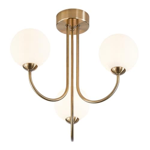 Image of Happy Homewares Modern Designer Antique Brass Ceiling Light with Opal White Globe Glass Shades | 33cm x 35cm | 3 x 5w G9 LED | Looping Metal Arms