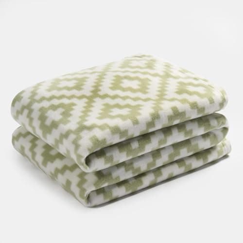 Image of Dreamscene Fleece Throw Blanket Fleece Geometric Tile Print Throw, Soft Cosy Warm Fabric Geometric Tile Design Fleece Throw For Bed Sofa Living Room, Sage - 120 x 150cm