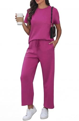 Image of GRECERELLE Airport Two Piece Travel Outfits Set for Women Summer Short Sleeve Casual Crew Neck Tracksuit Womens Full Set Cap Sleeve Tops and Jogging Bottoms with Pockets (Hot Pink, L)